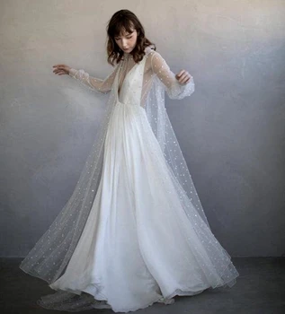 1442 # Двойка, рокля на булката с влак от перлата на тюл с дълъг ръкав на сватбена рокля е роклята на булката, vestidos de новия