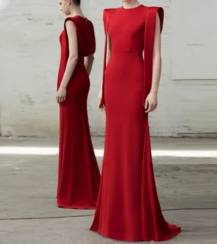 2022 Луксозна вечерна рокля за годеж с кръгло деколте и ръкави-капки, червени рокли за абитуриентски бал в стил Русалка, арабски празнични рокли