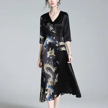 2022 Ново лятно дамско черно секси коприна рокля с V-образно деколте и цветисти принтом, женски фини модни рокли, рокля midi
