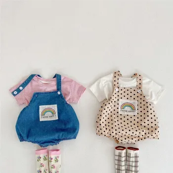 2023 Годишният корейски комплект дрехи от 2 теми за малките момичета, обикновен памук топ в ивица, модел гащеризон подтяжках, дрехи за новородени