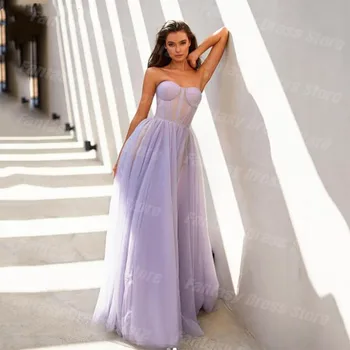 2023 Елегантни лилаво вечерни рокли от тюл с цвят на лавандула без ръкави трапецовидна форма и дължина до пода, за бала, за жени 2023