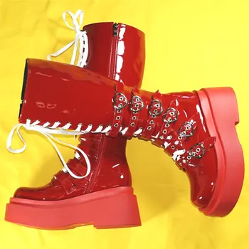 2023 Обувки-лодка Дамски обувки дантела от червена лакирана кожа, ботуши до коляното на танкетке и платформа, дамски модни обувки с кръгло бомбе, ежедневни обувки