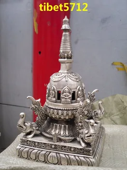 25 см Тибетски будистки храм за поклонение, покрит с бронзови покритие, сребро, дагода, бронзова украса, статуята на изцеление на Буда
