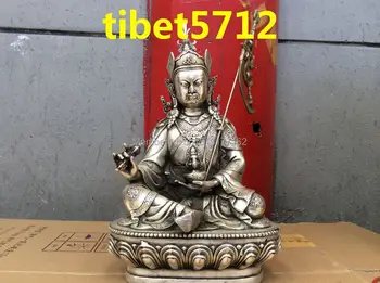 34 см Тибетски будистки бронзов покрит със сребро на ГУРУ РИНПОЧЕ Буда ПАДМАСАМБХАВА Бронзова украса Заздравяване статуя на Буда