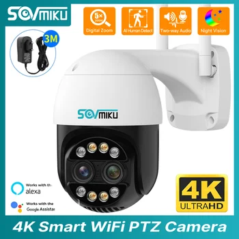 4K 8MP двухобъективная Wifi умна PTZ IP камера 2,8 + 12 мм, 8-кратно хибриден увеличение, цветно нощно виждане, камера за видео наблюдение с откриването на човек
