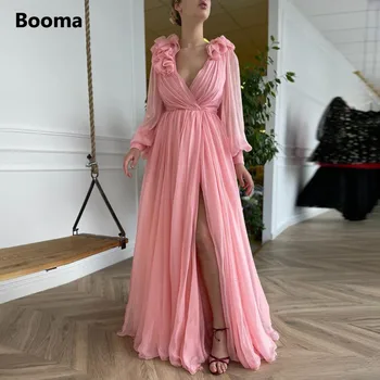 Booma Елегантни розови шифоновые рокли за абитуриентски бал с V-образно деколте, с дълги буйни ръкави, волани, висока цепка, сватбени рокли за парти, вечерни рокли