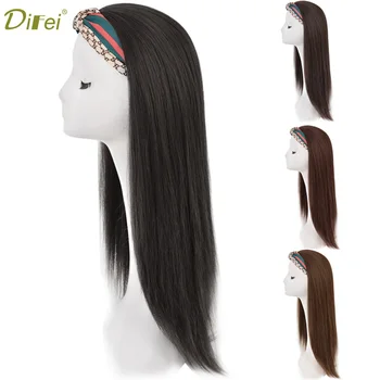 DIFEI Синтетичен 26-инчов черен боб, дълга права перука с ластик за коса, половината превръзка на главата, перуки за жени, ежедневни облекла за партита