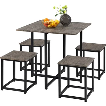 Easyfashion маса за хранене, комплект от 5 бр. с промишлени квадратна маса и 4 стола без облегалки, светло кафяво
