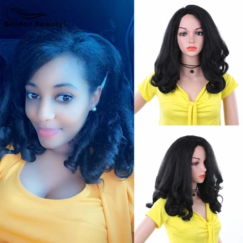 Golden Beauty 20-цолови изкуствени перуки, направени от коса, кратък вълнообразни перука за черни жени, огнеупорни взаимозаменяеми перука от высокотемпературного влакна