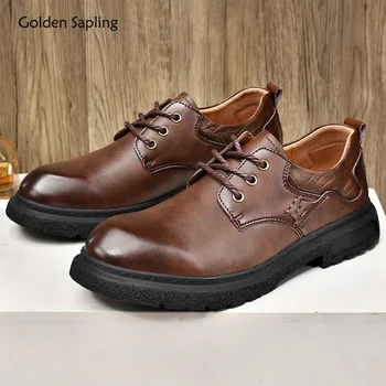 Golden Sapling Модерен мъжки ежедневни обувки за почивка на равна подметка, кожени обувки в стил ретро, класически работна обувки за мъже на равна платформа