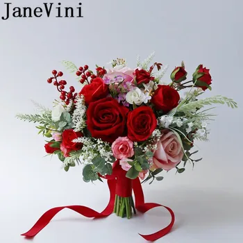 JaneVini Flores Boda Изкуствен Букет Червени Цветя На Булката Розови Рози От Коприна Булчински Букет Fleur Mariage Аксесоари 2019