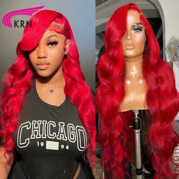 KRN, цвят червен, обемна вълна, бразилски перуки, изработени от човешка коса 13X4, перука на дантели за жени, перуки на дантели Реми 180, предварително выщипанные