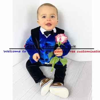 Little Boy Suit 3 Piece Wedding Groom Tuxedo Royal Blue Velvet Formal Blazer Pants Vest Детски Яке комплекти за малки мал