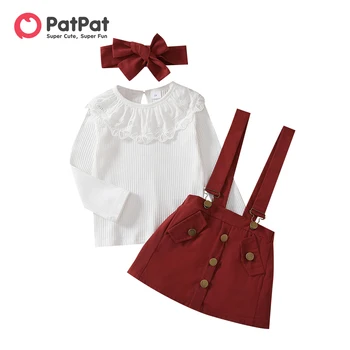 PatPat, комплект от 3 бр. тениски в рубчик за малки момичета, регулируема поли на подтяжках и превръзка на главата