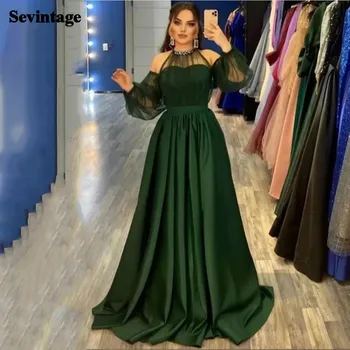 Sevintage Арабски тъмно зелени сатенени рокли за бала с дълги буйни ръкав, дамски официални рокли за бала, специална празнична рокля за сватба