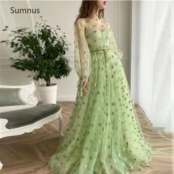 Sumnus зелени Елегантни вечерни рокли 2022 с пищни ръкави, дълга рокля в пода с джоб, тюлевое иллюзионное рокля за бала, Vestidos De Noche