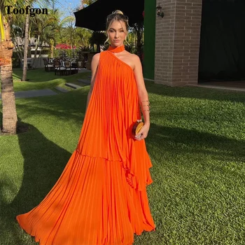 Toofgon Оранжеви шифоновые дамски рокли за абитуриентски бал с бретельками на едно рамо, многослойни вечерни рокли на знаменитости, дълги вечерни рокли