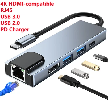 USB C Hub 5 в 1 Многопортовый Адаптер с USB 3.0, RJ-45 Ethernet Мрежово Зарядно PD 4k, HDMI-съвместим Адаптер За Преносими компютри с Windows
