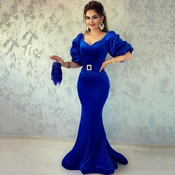 UZN, кралско синьо атласное рокля на Русалка за бала, вечерна рокля с пищни ръкави във формата на сърце, 2022, секси вечерни рокли с цип отзад