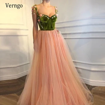Verngo 2021 Нов дизайн, велюровый топ, рокля за бала трапецовидна форма, пола от розов тюл, с дълги вечерни рокли с 3D цветове, елегантна рокля