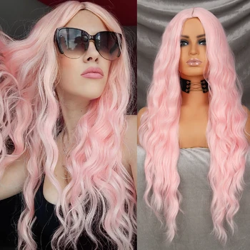 WERD Дълги вълнообразни розово синтетични перука, женски термостойкая натурална половината, cosplay, вечерни, перука в стил Лолита