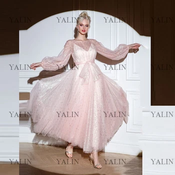 YALIN Блестящи рокли за абитуриентски бал с пищни ръкави, розова рокля за парти в чест на рождения ден на от тюл чаена дължина, расшитое пайети, с нос, къси вечерни рокли трапецовидна форма