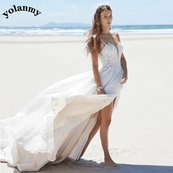 YOLANMY, очарователен сватбени рокли за спагети презрамки с висока цепка, с обемни апликации, сватбената рокля Suknia slubna, сшитое специално за жени