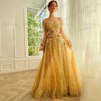 Блестящи златни рокли за бала с ръкави, дантелени апликации, дълги рокли, илюзия За-образно деколте, тюлевое саудовское вечерна рокля за жените 2023