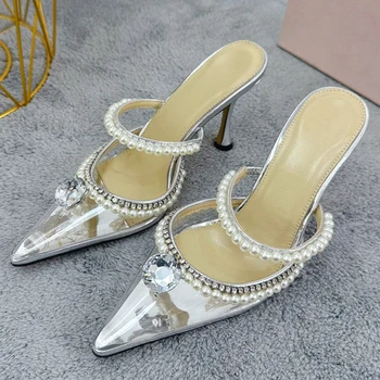 Висококачествени дамски обувки на висок ток, летни синтетични обувки с остри пръсти, кристали и дизайн от мъниста, ежедневни модни дамски обувки