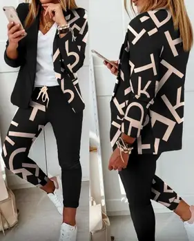 Дамски елегантен комплект от две части, яка-шал с бутони, сако с дълги ръкави и писмото принтом, комплект панталон с завязками, стил на работа на работа
