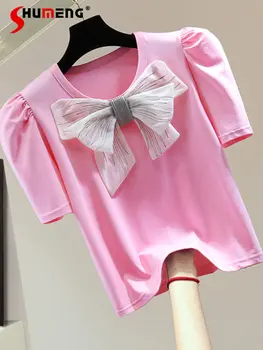 Дамски къси тениски в контрастен цвят с лък, Лятна Новост 2023, Корейски Стил, скъпа, за отслабване, V-образно деколте, Къси, с пищни ръкави, Розова Тениска, Топ, Дамски