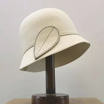 Дамски однотонная зимна шапка от 100% вълна, топло панама с акцент под формата на листа, дамска шапка-клош за църковната партита, сминаемый играч, кръгла