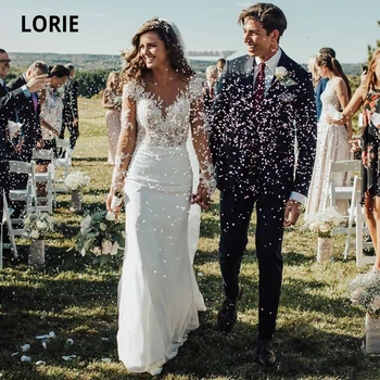 Дантелени сватбени рокли LORIE с дълъг ръкав Русалка Шифоновое сватбена рокля Турция плюс размер 2020 Иллюзионные рокли копчета за сватбени партита