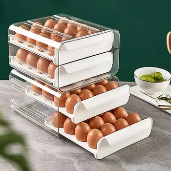Двуслойни кутия за съхранение на яйца, Прибиращи хладилник органайзер за пресни яйца 32 окото сгъсти титуляр за яйца за кухненски принадлежности