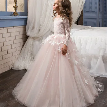 Детски рокли за момичета с розови цветя модел, празнична рокля на принцеса за шаферките, рокли за парти в чест на рождения ден, сватбена рокля за момичета, дрехи