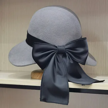 Зимна кръгла шапка-клош за жени, вълнен филц шапки, топла шапка с широка периферия гъвкава лента и лък, църковна рокля, фетровая шапка-кофа