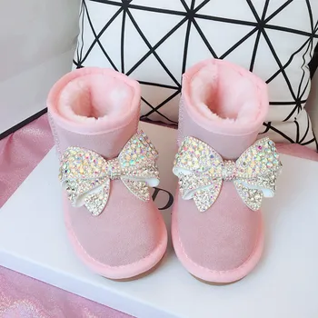 Зимните розови обувки за момичета, детски обувки, къси плюшени топли зимни ботуши принцеса с лък за ръчна работа, новост 2023