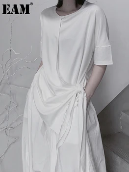 [ИАЛ] Женска Бяла Плиссированная Ежедневни тениска с неправилна форма с Голям размер, Нова тениска с кръгло деколте и къс ръкав, Мода приливи и отливи, Пролет-Есен 2023 1DF5930