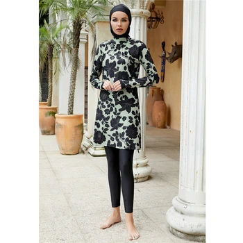 Ислямски мюсюлмански дамски бански с цветен модел, трико с дълъг ръкав, пълно покритие, буркини, 3 предмет, дълги блузи, панталони, Хиджаб, скромно облекло за плуване