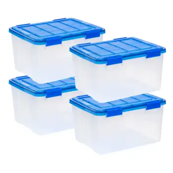 Комплект от 4 Кутии за съхранение от прозрачна пластмаса с подплънки WeatherPro™ със синя капачка - 44 Литра: надеждна организация, устойчив на атмосферни влияния