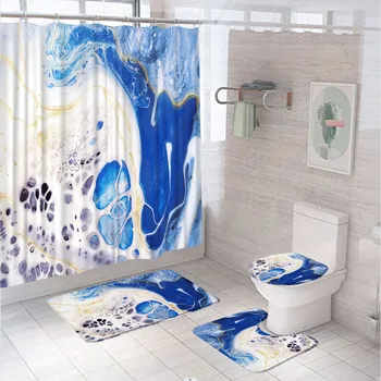 Комплект от 4 бр. завеси за душ, бяла мраморна текстура, златисто-син абстрактен съвременен декор за баня, нескользящий подложка, капак на тоалетната чиния, подложка за баня