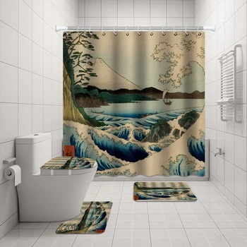 Комплект стелки за завеси за баня, японската планинска вълна, дърво, занаятчийски принт, водоустойчив полиестерен плат, завеса за душа в банята 180x180 cm