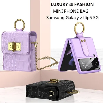 Луксозна чанта през рамо от крокодилска кожа за Samsung Z Flip5, калъф с пръстен, модерна чанта през рамо за Galaxy Z Flip 5, калъф