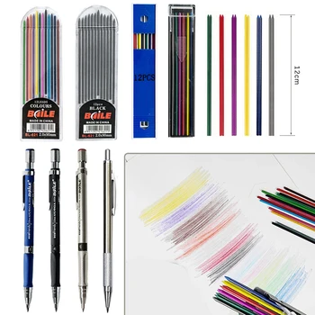 Механични моливи 2,0 мм, комплект черни/цветни 2B грифелей, Училищен художествен скица, рисунка, автоматични моливи, за да проверите за студенти, пособия за писане