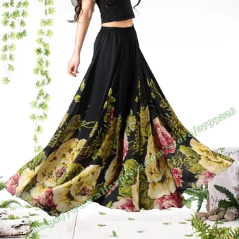 Модерен дамски панталон голям размер 6XL 7XL, реколта ежедневни черна шифоновая пола с голямо цвете, Макси, дълга женска пола, годишна жена