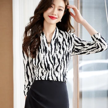 Нова блуза с флорални принтом за жени 2023 пролетна мода риза с дълъг ръкав, офис женски униформи, високо качество на върховете