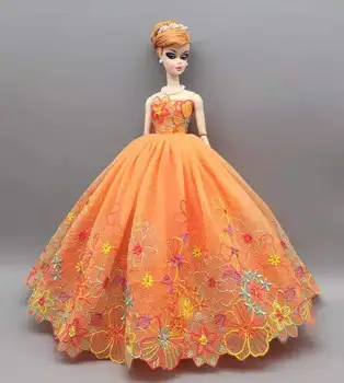 Оранжевото цвете дантелено рокля за кукла 1/6 BJD, екипировки принцеса на кукли Барби, елегантна жена в сватбена рокля, 11,5 