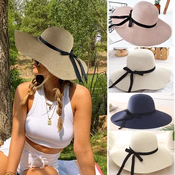 Открийте проста сгъваема сламена шапка с широка периферия за момичета, солнцезащитная плажна дамска лятна пътна шапка с защита от uv дамски