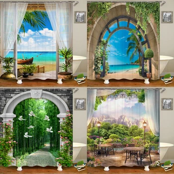 Плаж Морски пейзаж завеса за душ 3D печат арочная вратата Зелено растение Природни пейзажи Водонепропусклива завеса за баня от полиестер