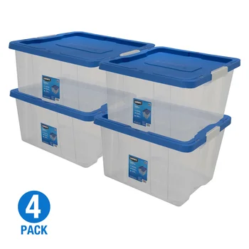 Пластмасов контейнер за съхранение с капаче на 68 литра, прозрачен, с тъмно син капак, комплект от 4